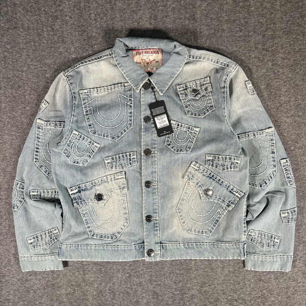 True Religion Mens Multi-Pocket Super T Denim Jacket Grendal Light Wash XL NEW
